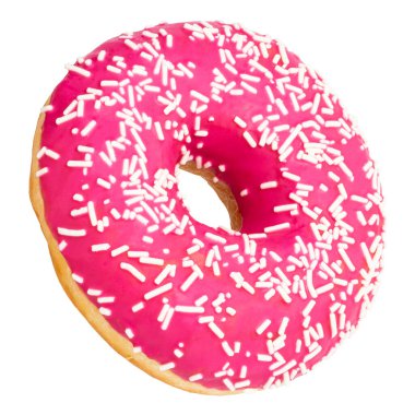 Beyaz arka planda izole edilmiş renkli parçacıkları olan pembe donut..