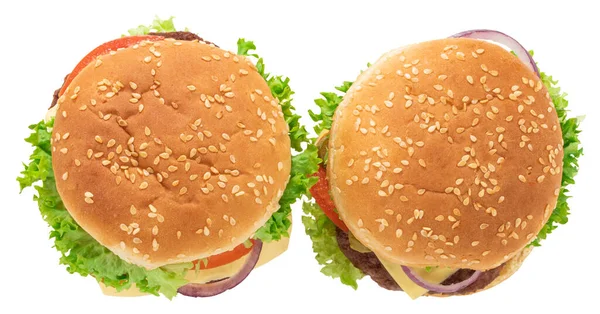 Čerstvé Chutné Burgery Izolované Bílém Pozadí Horní Pohled — Stock fotografie
