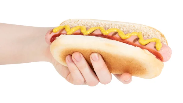 Ręczne Trzymanie Hot Doga Musztardą Białym Tle Ścieżka Wycinania — Zdjęcie stockowe