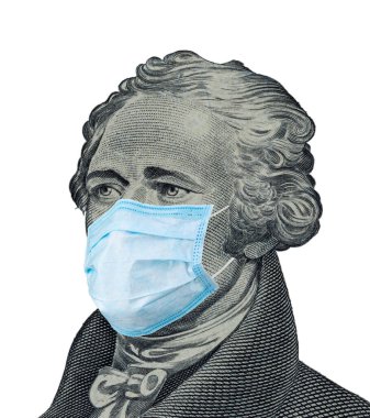  Alexander Hamilton, 10-10 dolar izole edilmiş enfeksiyona karşı yüz maskesi ile banknotla karşı karşıya.. 
