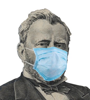 Ulysses S. Grant 'in yüz maskesi ile yüz maskesi taktığı ve 50-50 dolar arasında izole edilmiş beyaz arka plan..