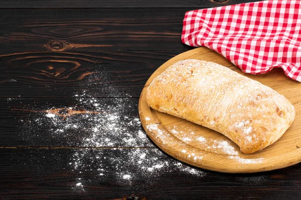 Loaf Ciabatta Bread Cutting Board Dark Wooden Table — Stock Photo, Image