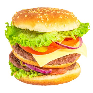 Beyaz arka planda izole edilmiş taze lezzetli burger..