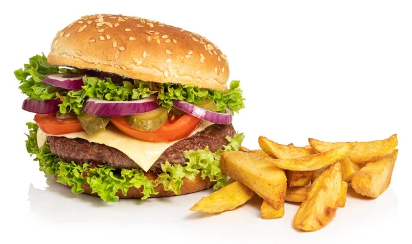 Grande Hamburger Con Patatine Fritte Isolate Sfondo Bianco — Foto Stock