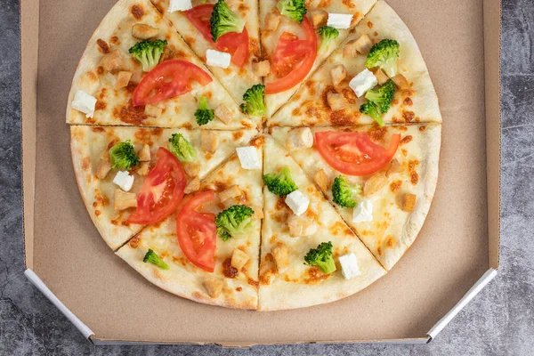 Pizza Cardboard Box Dark Background View Pizza Delivery Pizza Menu — Stock Photo, Image