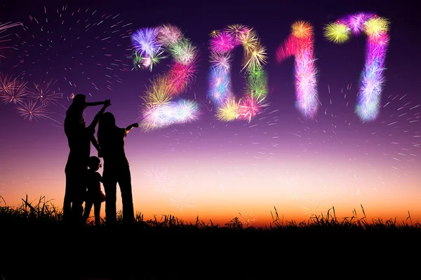 Família assistindo fogos de artifício e feliz ano novo 2017 conceito — Fotografia de Stock