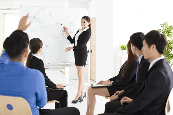 Businesswoman presenting new project to partners in office — Stock Photo, Image