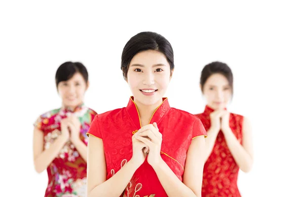 Gelukkig chinese nieuwe year.woman met felicitatie gebaar — Stockfoto
