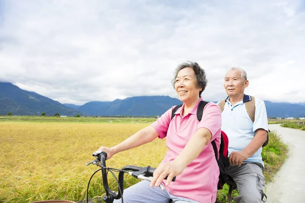 Glad Senior par ridning cykel på landsväg — Stockfoto