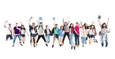 young student group  jumping people isolated on white clipart