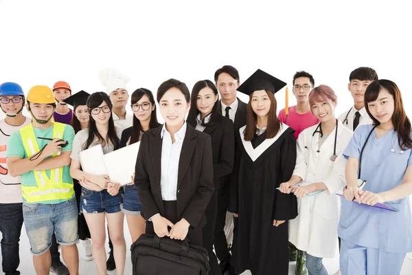 Grupo jovem feliz e pessoas diversas com diferentes empregos — Fotografia de Stock