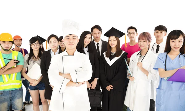 Grupo jovem feliz e pessoas diversas com diferentes empregos — Fotografia de Stock