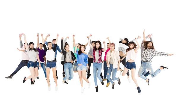 Jovem grupo feliz pulando pessoas isoladas em branco — Fotografia de Stock