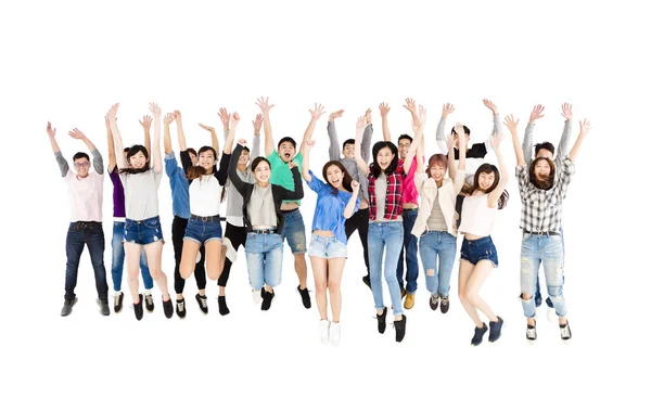 Glückliche junge Gruppe springen Menschen isoliert auf weiß — Stockfoto