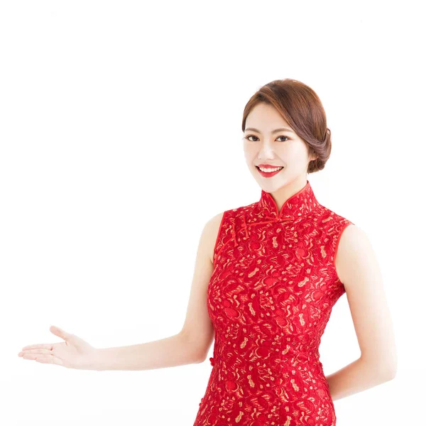 Happy chinese new year, woman with  showing gesture — Stock Photo, Image