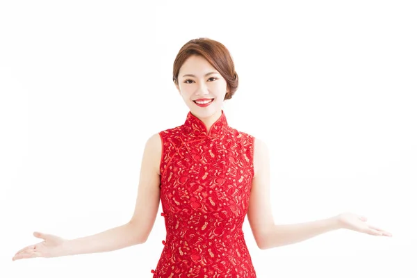 Happy chinese new year, woman with  presentation gesture — Stock Photo, Image