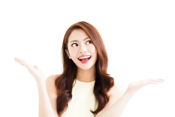 Young smiling  woman with showing gesture — Stock Photo, Image