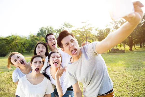 Feliz grupo joven tomando selfie en el parque —  Fotos de Stock