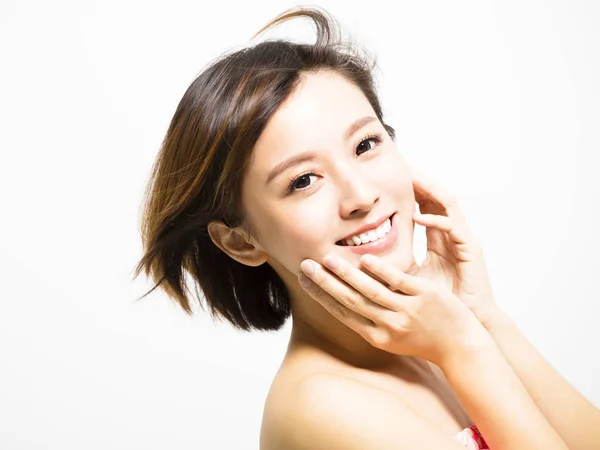 Happy young Woman with hair motion — Stock Photo, Image