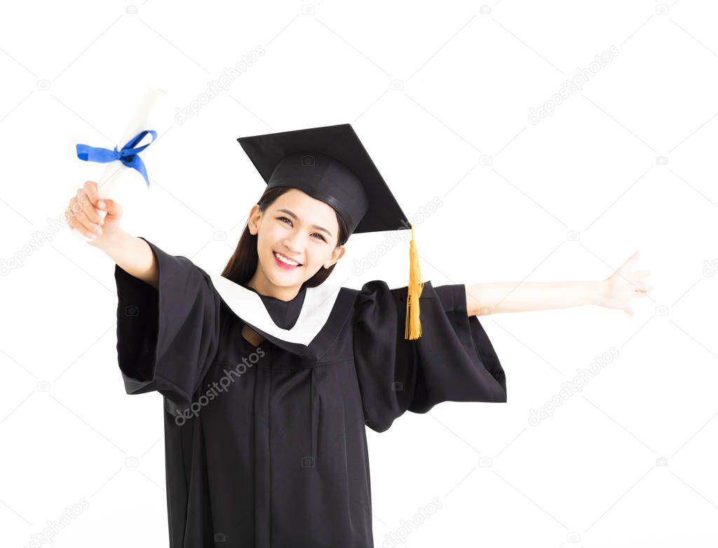 happy Graduate woman showing the diploma