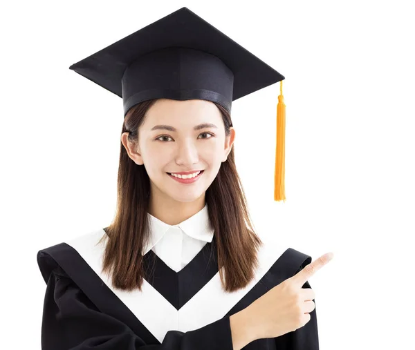 Estudante de pós-graduação com gesto apontador isolado em branco — Fotografia de Stock