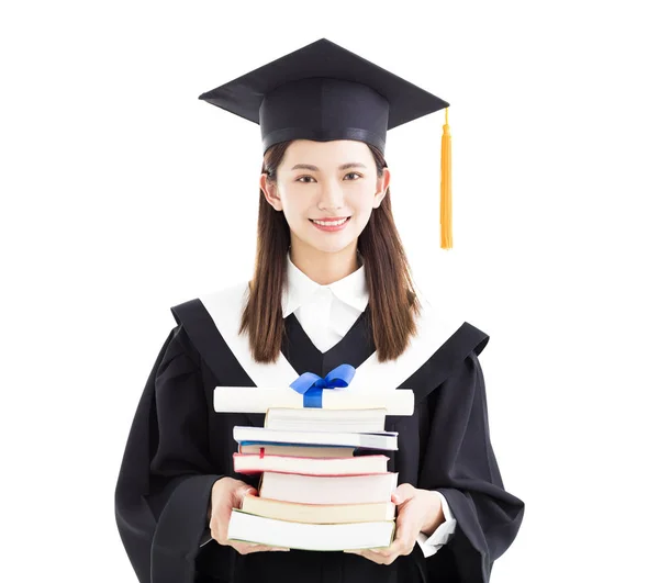Diploma ve üzerinde beyaz izole kitap tutan bir yüksek lisans öğrencisi — Stok fotoğraf