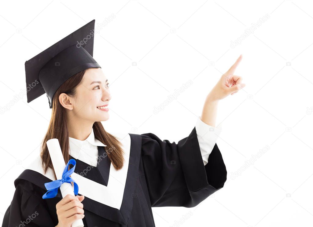 graduate student with pointing gesture isolated on white