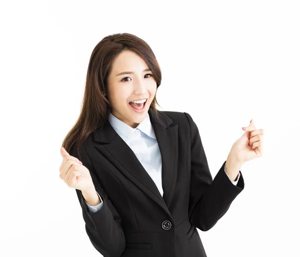 Feliz mujer de negocios con gesto contando — Foto de Stock
