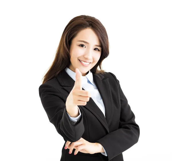 Sorrindo mulher de negócios apontando dedo para você — Fotografia de Stock