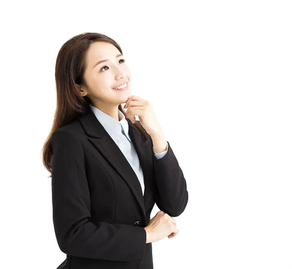 Glimlachende zakenvrouw denken en opzoeken — Stockfoto