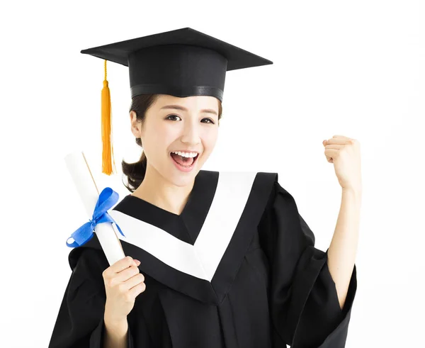 Mutlu kız lisansüstü öğrencinin diploma holding — Stok fotoğraf