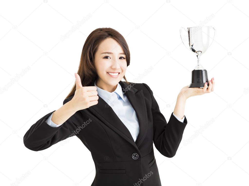 happy Businesswoman winning a trophy