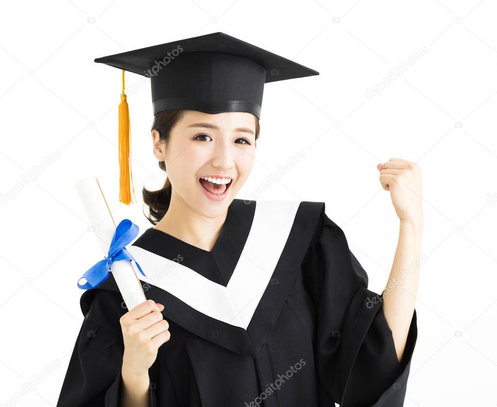 Happy female graduate student holding diploma