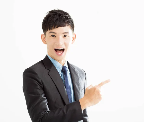 Surprised Businessman pointing copy space — Stock Photo, Image