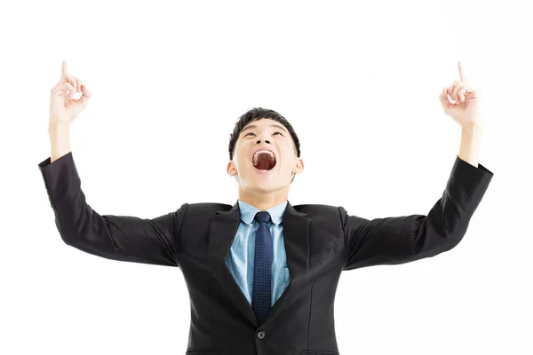 Excited businessman celebration success with pointing up — Stock Photo, Image
