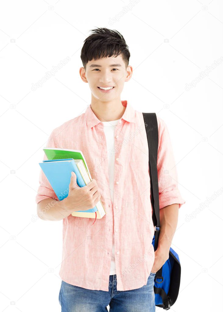 happy student carrying books isolated on white