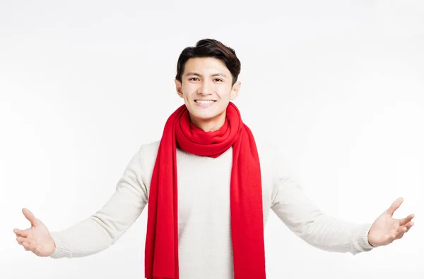 Happy asian young man with winter clothes — Stock Photo, Image