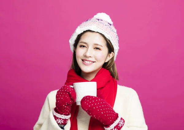 Woman Warm Sweater Drinking Cup Hot Tea — Stock Photo, Image