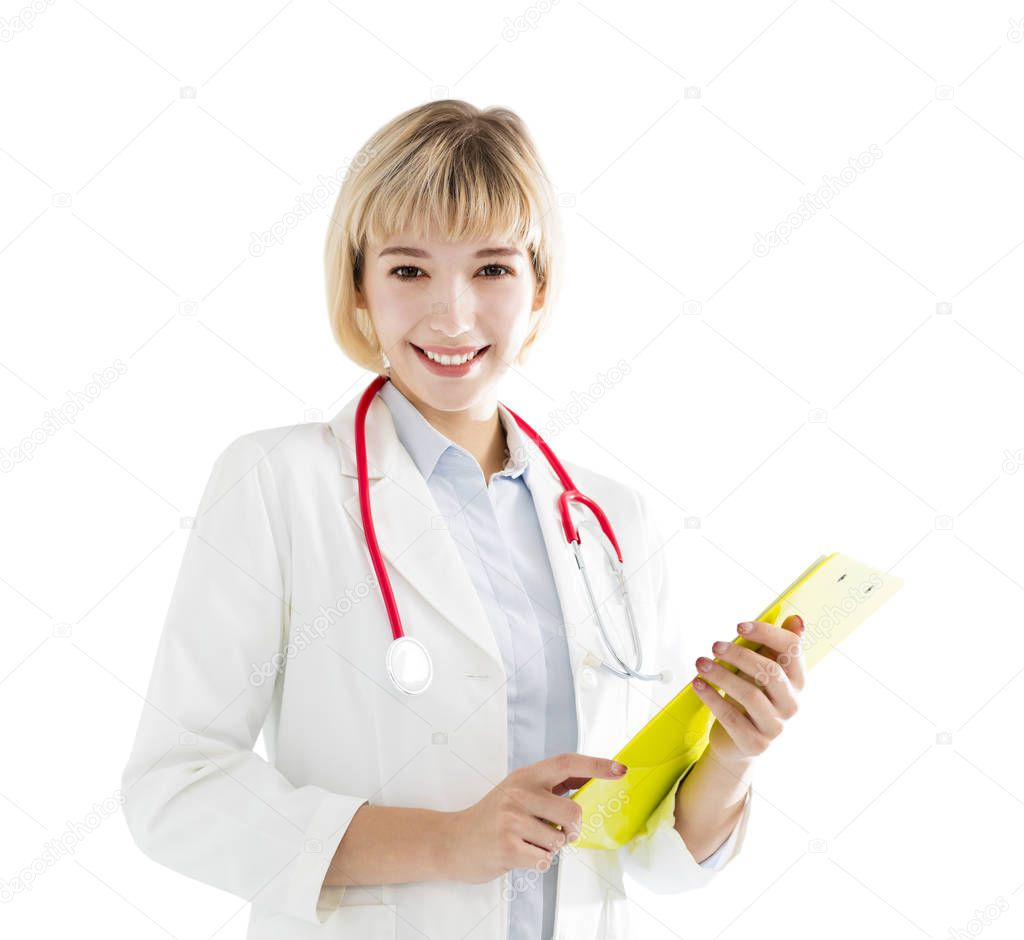 young woman doctor isolated on white background