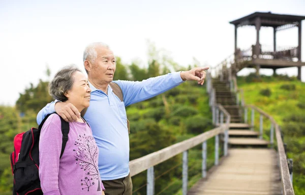 Asian Senior Couple Hiking Mountain Park — Stock Photo, Image