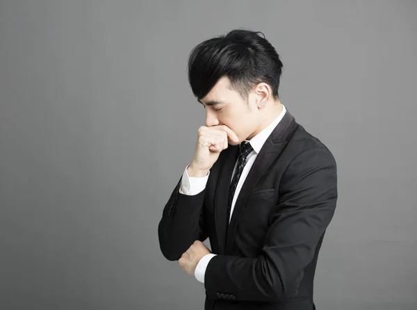Estressado Jovem Homem Negócios Com Mão Cabeça — Fotografia de Stock