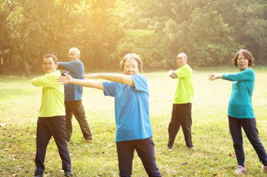 mutlu kıdemli grup arkadaşları egzersiz Park