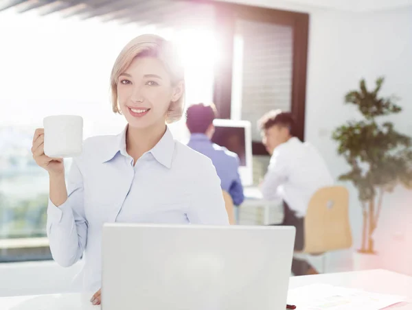 Sorridente Mulher Negócios Trabalhando Escritório — Fotografia de Stock