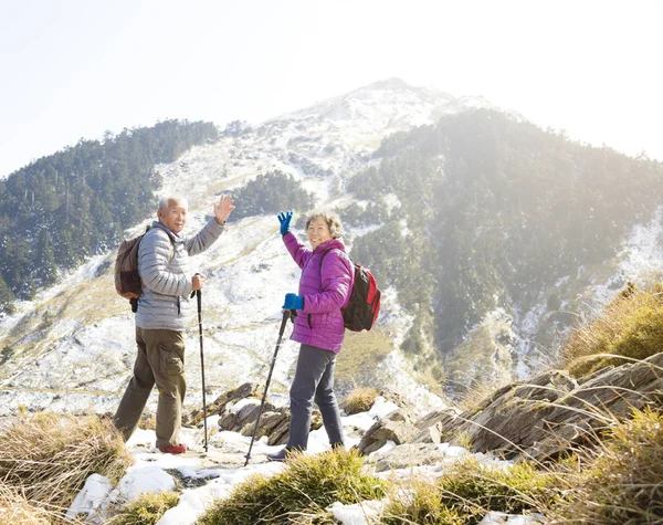 Heureux Couple Personnes Âgées Randonnée Sur Montagne — Photo