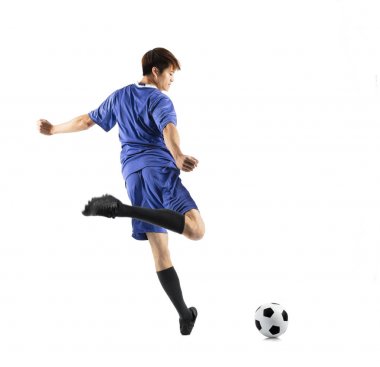Asya futbol oyuncusu izole eylem beyaz arka planda