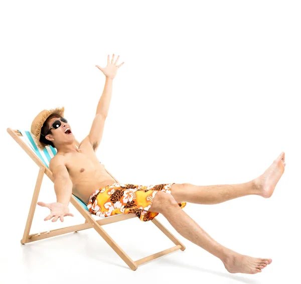 Surprised Excited Man Sitting Lounger Chair — Stock Photo, Image