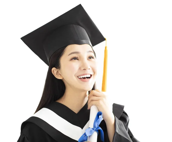 Gelukkig Afstuderen Meisje Cap Gown Vieren — Stockfoto