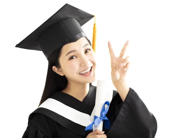 Menina Feliz Graduação Cap Vestido Comemorando — Fotografia de Stock