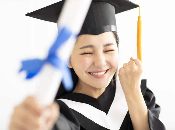 Happy Graduation Girl Cap Gown Celebrating — Stock Photo, Image