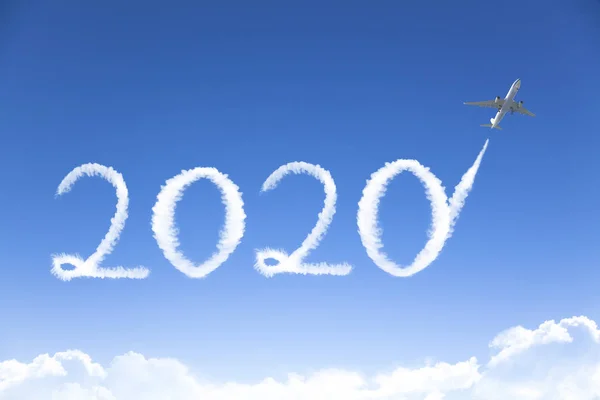 jet drawing 2020 cloud in sky. happy new year 2020 concepts